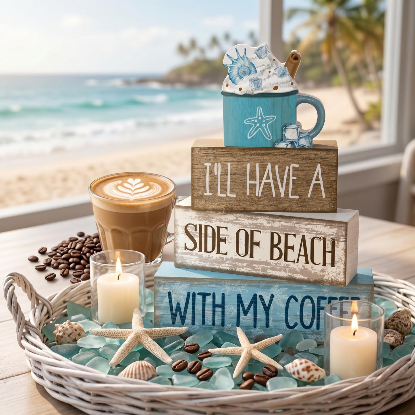 Lineshading 4 Pcs Wooden Farmhouse Tabletop Decor Rustic Home Tiered Tray Decor Decorative Farmhouse Table Decoration Home Block Signs Gift(Summer)