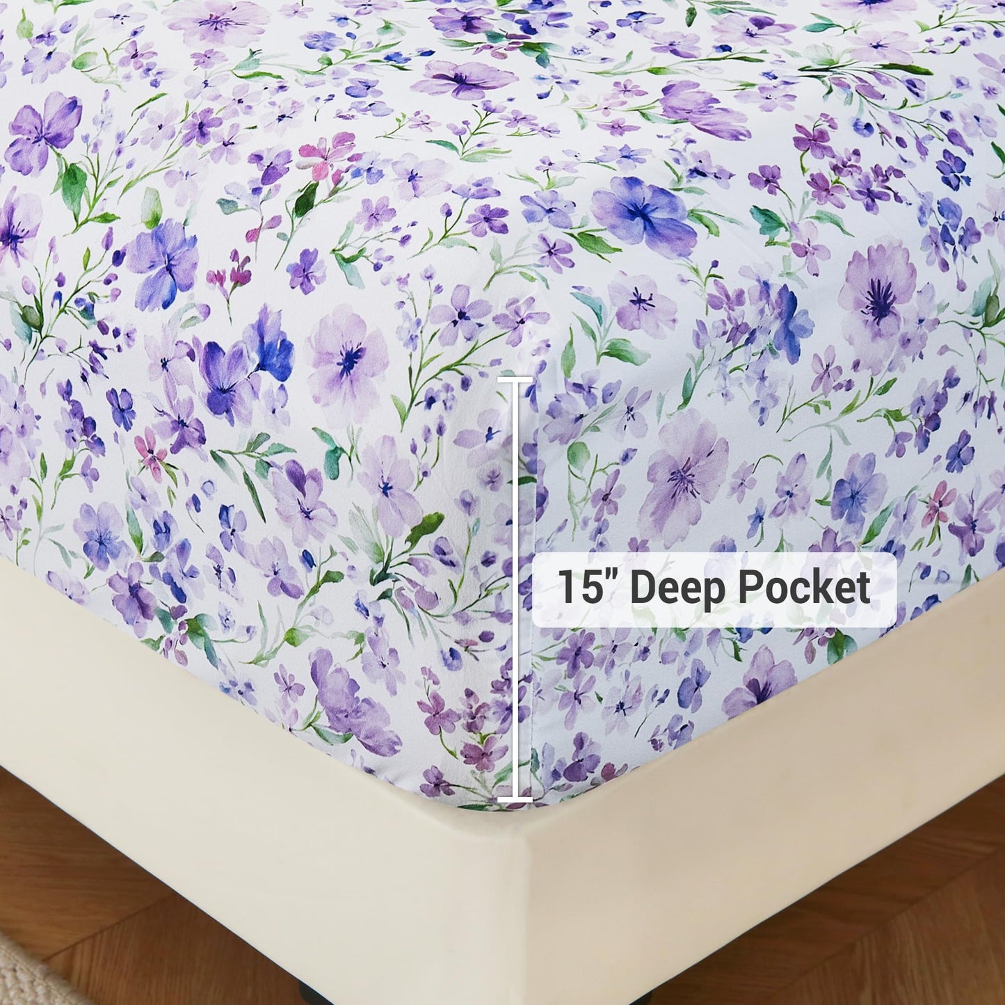 Viviland Floral Twin Sheet Set - 3 Piece Vintage Lavender Flower and Leaves Patterned Bed Sheets - Soft, Breathable Microfiber Sheets with Deep Pocket, Non-Slip Fitted Sheets & Pillowcases