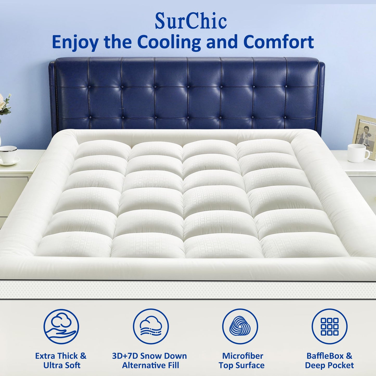 SurChic Twin XL Mattress Topper for Back Pain, Soft Extra Thick Pillow Top Mattress Pad Cover with 1000GSM Down Alternative Filler, Cooling Breathable Plush Bed Topper Protector (8-21" Deep Pocket)