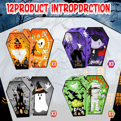 HOWAF 12 PCS Halloween Candy Boxes Coffin Shape Treat Paper Boxes Skull Bat Ghost Goodie Boxes for Happy Halloween Party Decoration Supplies Spooky Halloween Trick or Treat Gift Box