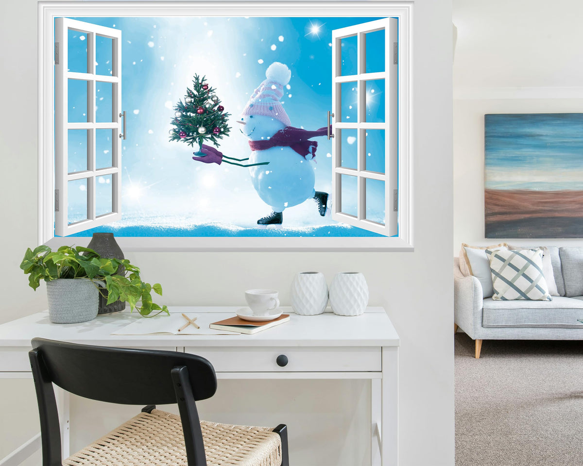 FLFK Fake Window Wall Mural - Snowman Holding a Christmas Tree Faux Window Wall Sticker for Wall Decor, Peel and Stick Wall Decals,48"x32",Set of 2 Sheets