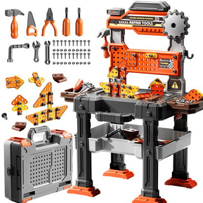 DULONIME 2 in 1 Workbench Tools Toys Set with Sound for Toddlers Aged 3-5, 145 PCS Educational Construction Mechanic Toolbox for Boys Girls, Pretend Play Toys Birthday Gift for Kids 3 4 5 6 Years Old