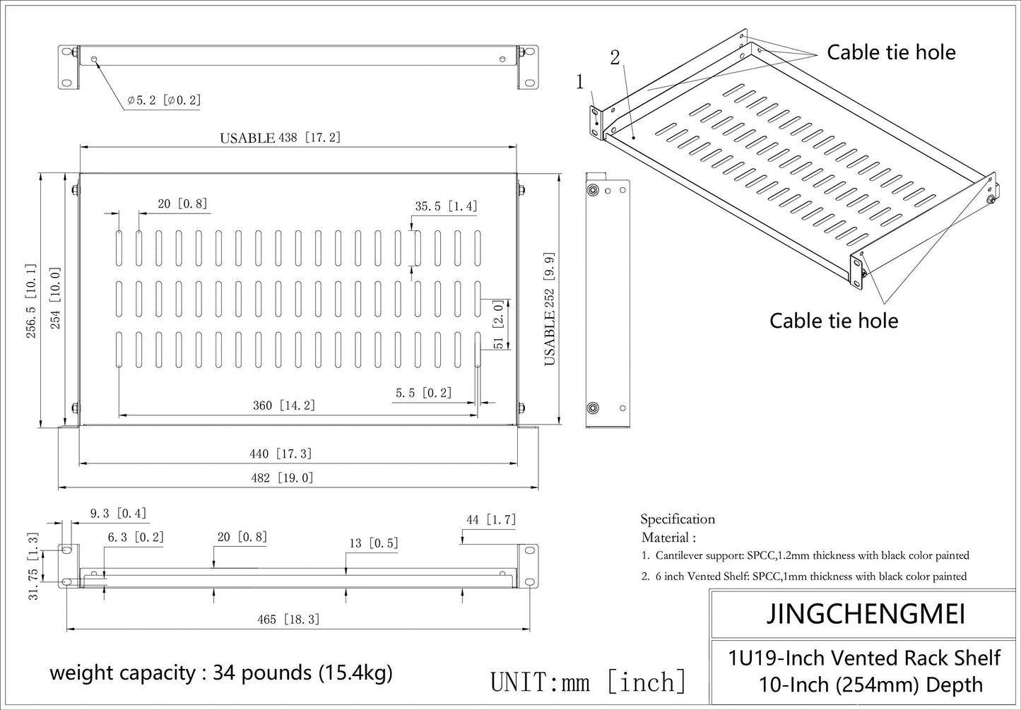 Jingchengmei 1U Disassembled Vented Cantilever Server Rack Mount Shelf 10"(254mm) Depth for 19-Inch Network/AV Equipment Rack and Cabinet(1U10V)