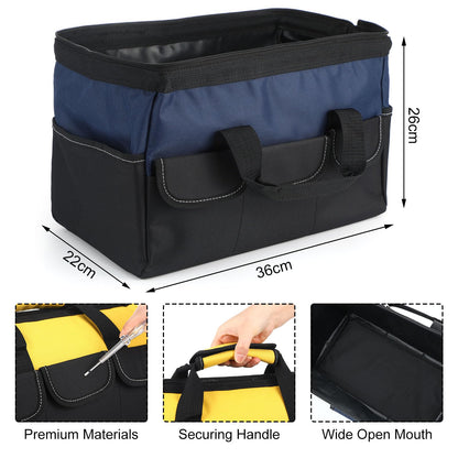 Sanwuta 3 Pack Tool Bag for Men with Waterproof Hard Bottom, Heavy Duty Tool Bag Wide Mouth Tote for Various Instrument, Electrician Carpenter Mechanic (Blue, Red, Yellow,16 Inch,Side Pockets)