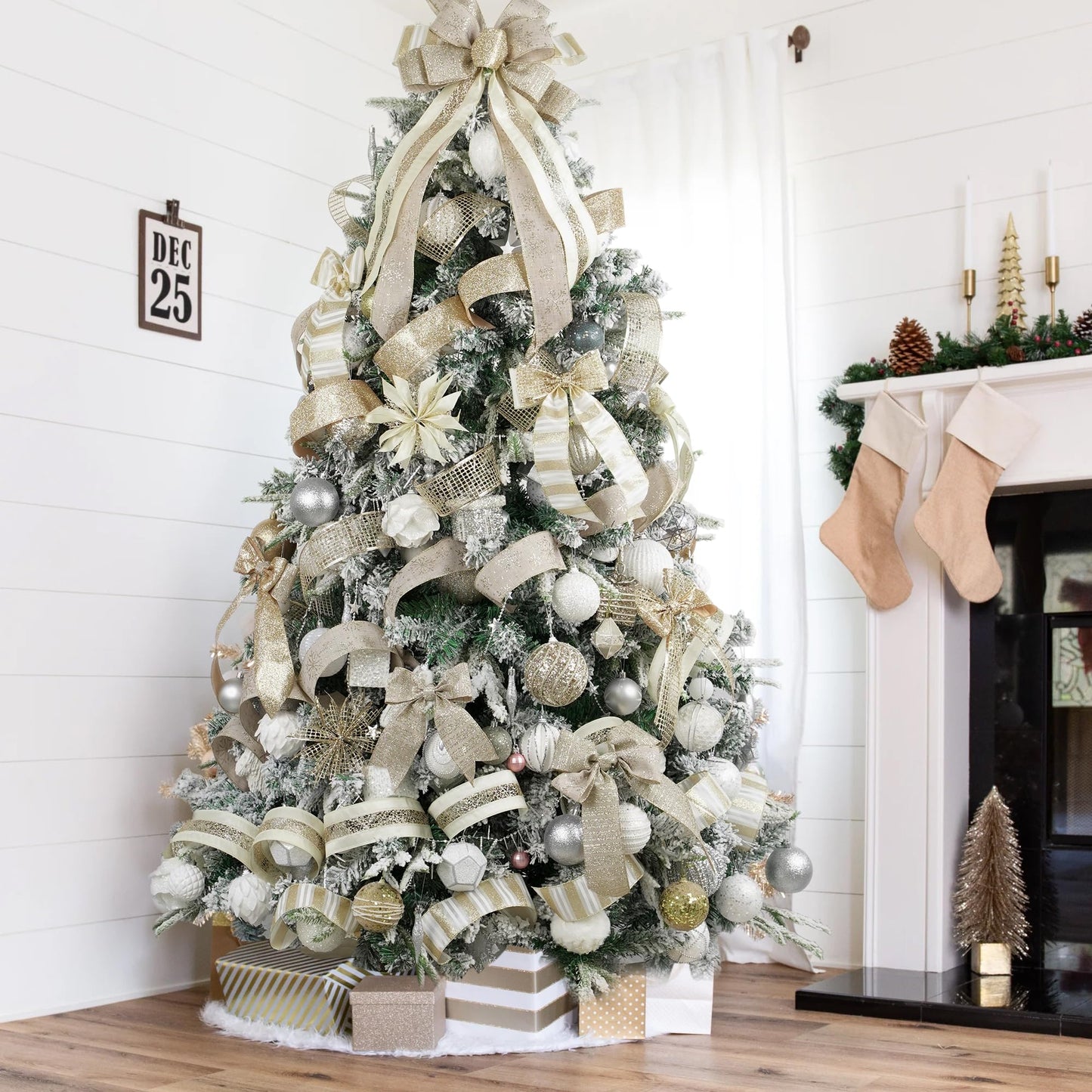 HUIHUANG Champagne Gold Christmas Ribbon Wired Champagne Glitter Christmas Tree Ribbons for X-mas Tree, Wreaths, Garlands, Home Decor, Wrapping (2.5" x 6 Rolls, 36 Yds Total)