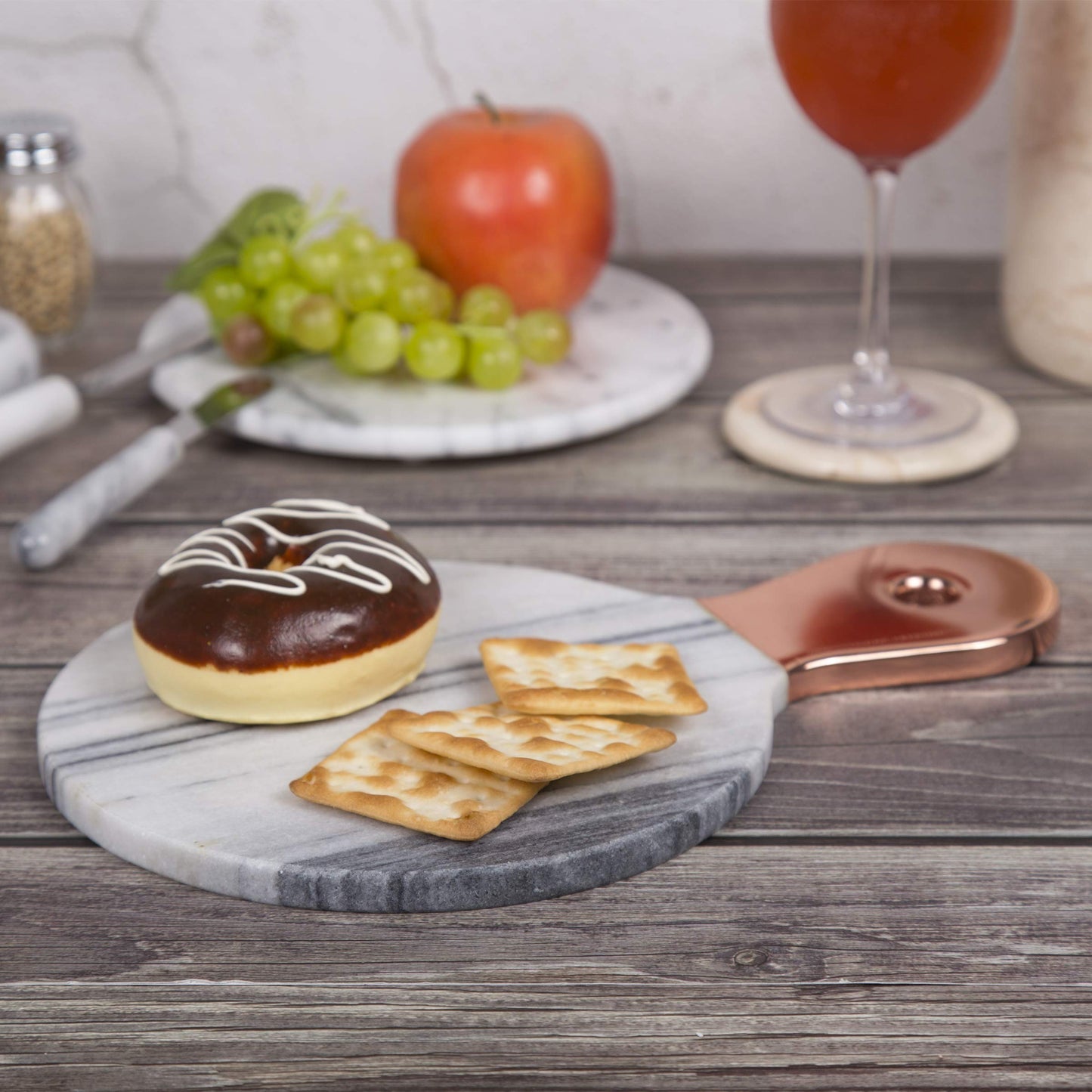 Creative Home Natural Marble Cheese Serving Paddle Board Charcuterie Board Party Serving Platter with Stainless Steel Copper Trim Handle for Kitchen Dining Room, 12.2" x 8" x 0.5" H, Grey (Off-White)