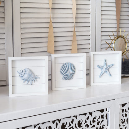 TideAndTales Blue Seashells and Starfish (Framed Set of 3) Coastal 3D Wall Art for Bathroom or Bedroom, Ocean-Inspired Beach Decorations for Home or Beach House