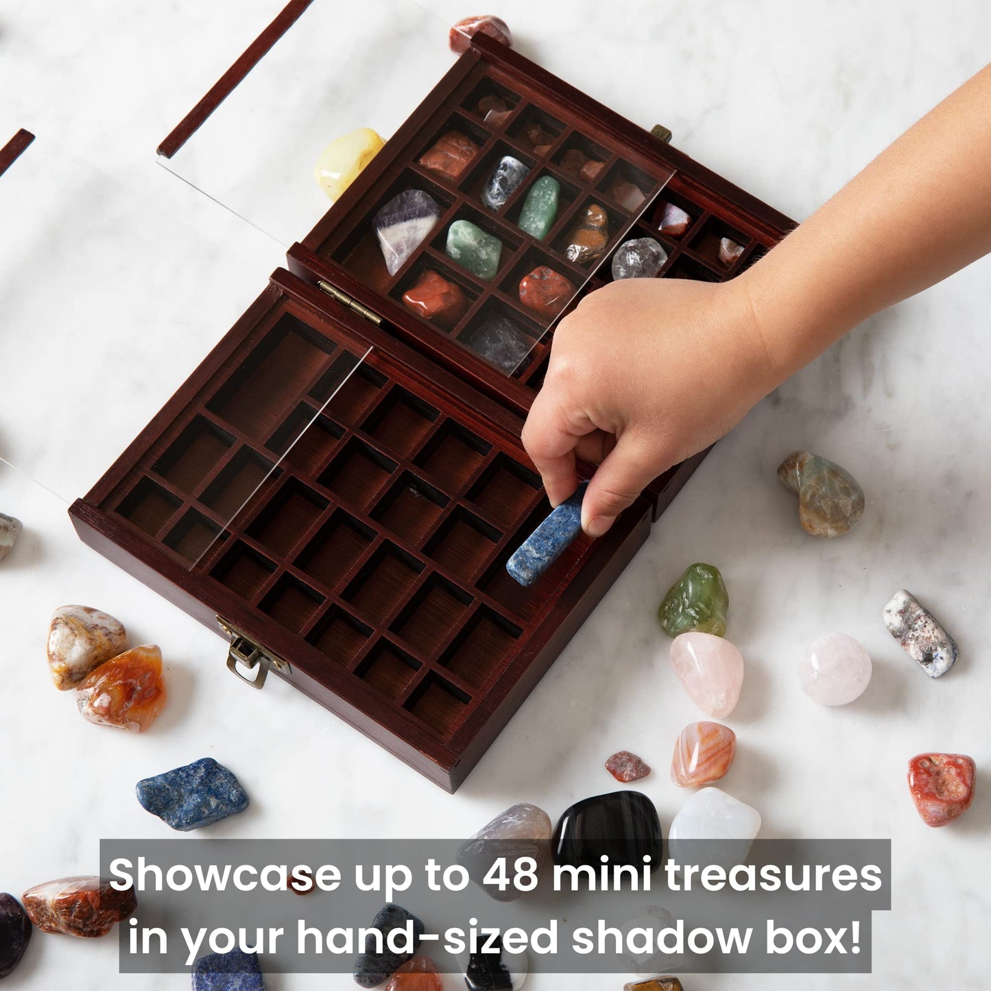 SmartyRocks Small Portable Rock Display Case Hand-Sized, 48-Slotted Shadow Box for Gemstones or Beads Bamboo-Wood Collection Case with Plexiglass for Kids