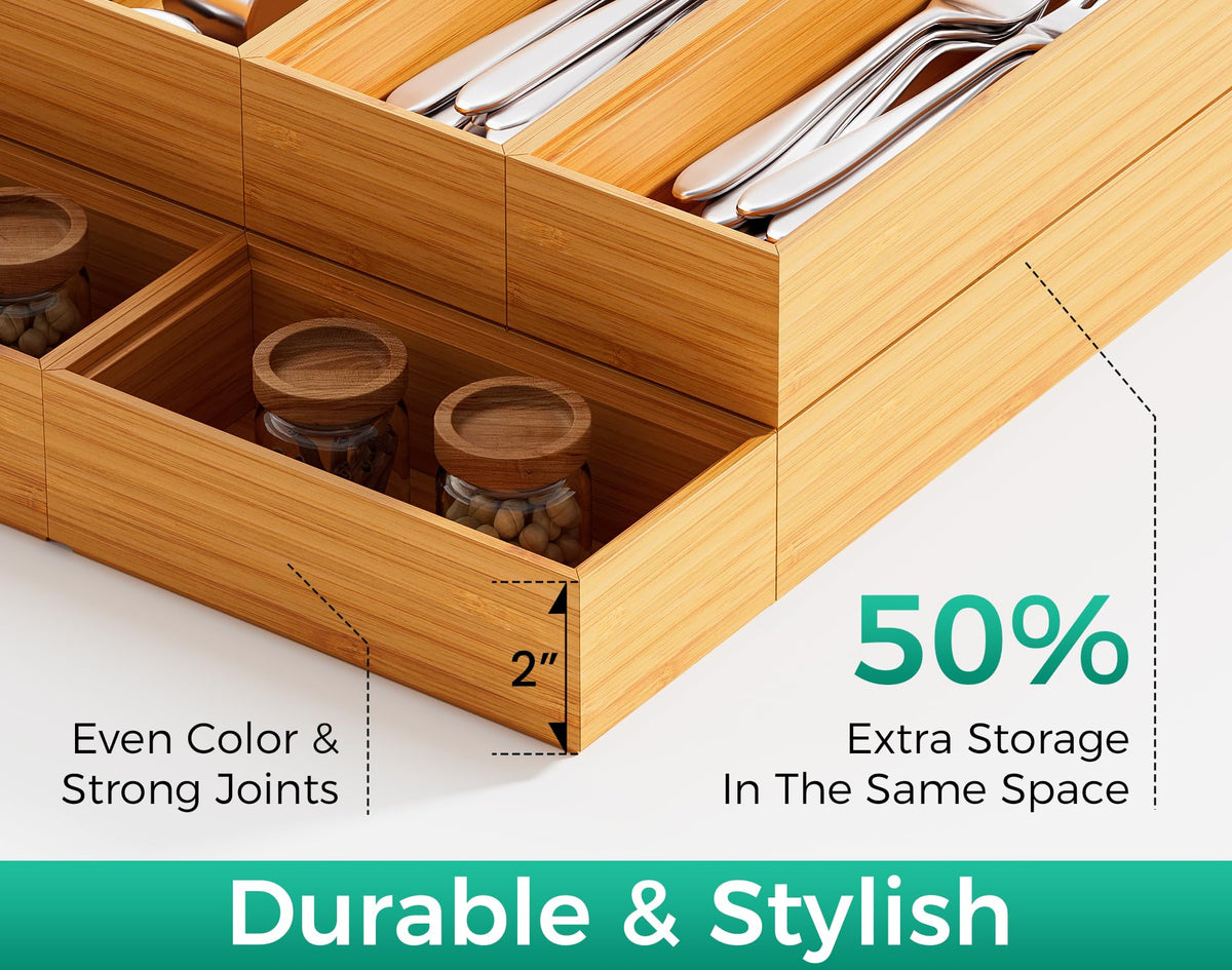 Long Bamboo Kitchen Drawer Organizer Boxes – 17" x 6" Stackable Wood Silverware Utensil Tray for Drawers Bins Cutlery & Flatware Storage – Wooden Pantry Organizers Set of 2 for Junk Drawer Bathroom Rv