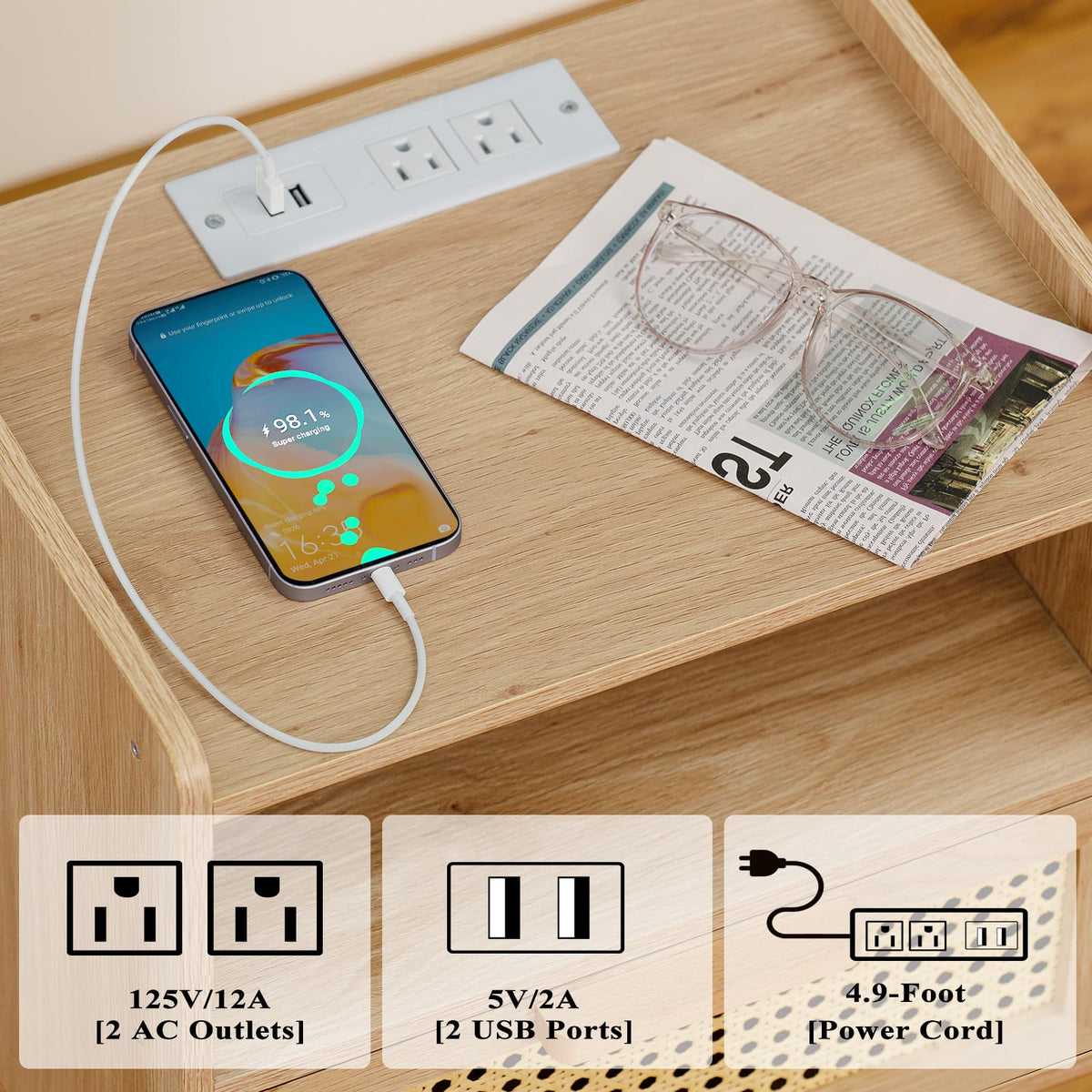 Lerliuo Rattan Nightstand with Charging Station, Boho Side Table with Drawer Open Shelf, Cane Accent Bedside End Table for Bedroom, Dorm and Small Spaces