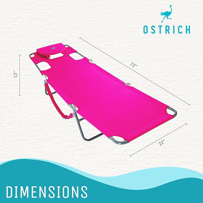 Ostrich Beach Lounge Chair, Folding & Reclining Outdoor Chaise Lounger, Pink - Portable Adjustable Recliner Chair for Lawn, Pool, Patio, Garden, and Yard