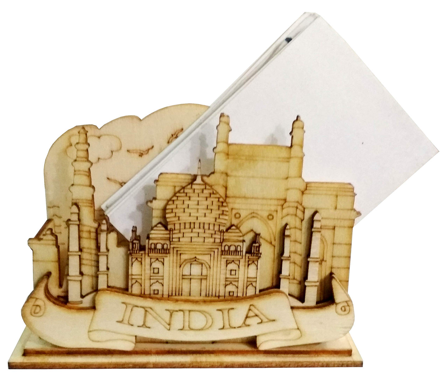 Purpledip Wooden Visiting Cards Holder Office Table Gift for Employees: Taj Mahal (11670)