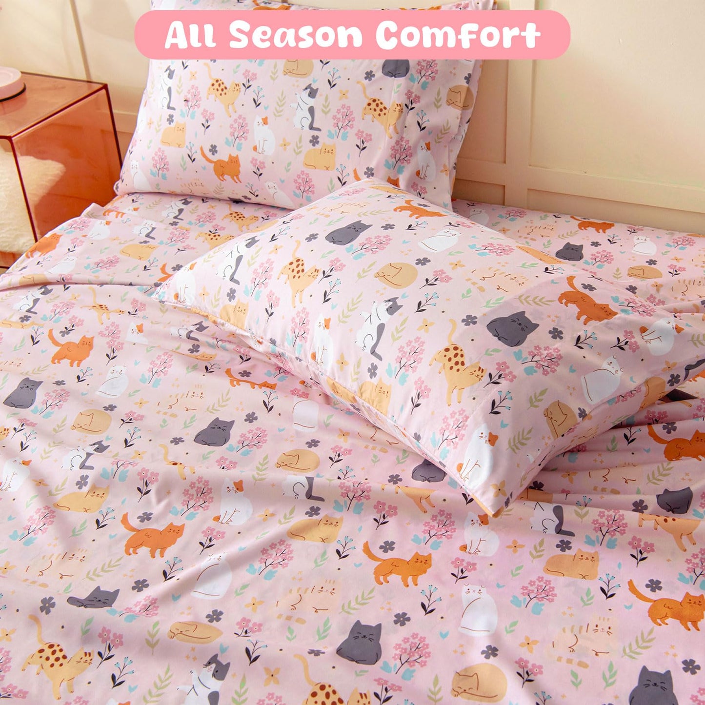 Swiftify Twin Sheet Set for Kids Girls, 3-Piece Bed Sheet Set for Toddler, Soft Brushed Microfiber Bedding, Deep Pocket, Wrinkle & Fade Resistant, Cute Cats