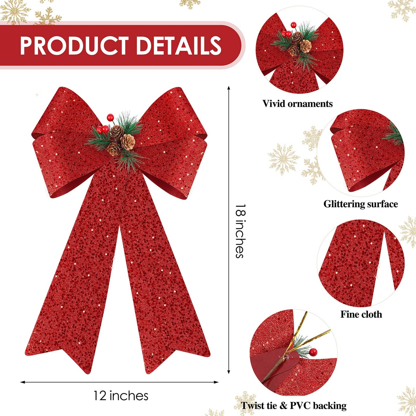 MCEAST 2 Pack Red Christmas Bows 12 x 18 Inches Xmas Wreaths Garland Bows with Pinecones for Christmas Tree Ornaments Sets Indoor Outdor Decoration