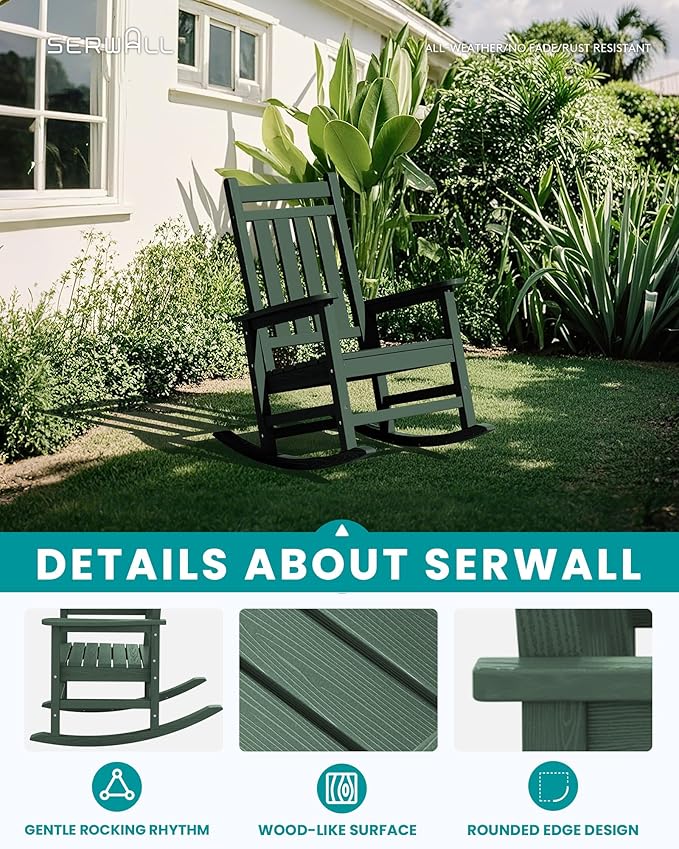 SERWALL Oversized Outdoor Rocking Chair Set of 4, HDPE Rocker for Adults, Patio Rocking Chairs for Porch, Green