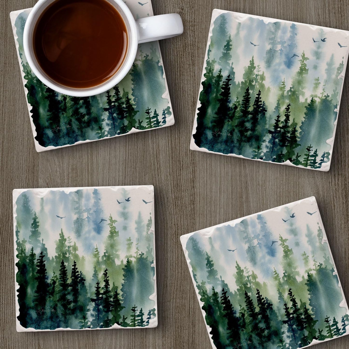 Thirstystone Tree Line 4 Pack Assorted Tumbled Tile Stone Coasters with Protective Cork Backing 4" Square Manufactured in The USA