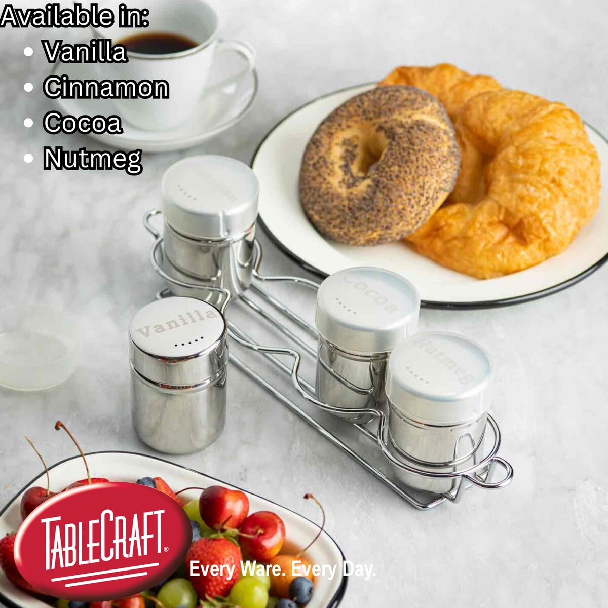 TableCraft 11052 Dredge Shaker, Stainless Steel 6 oz Coffee and Baking Spice Jar with Storage Cap, Mirror Finish, Nutmeg Engraved Lid Label, Ideal for Kitchen and Beverage Bar Use