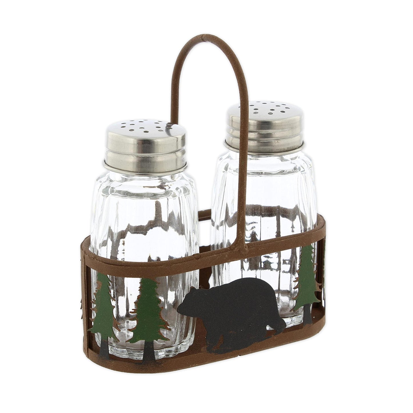 Distinctive Designs Black Bear and Pines Salt and Pepper Shaker Holder Set - 3 Piece Set - Bear Salt and Pepper Shakers - Rustic Lodge Kitchen Tabletop Cabin Decor