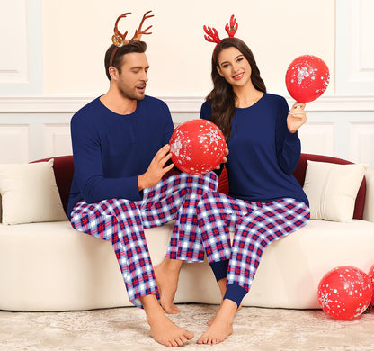 SWOMOG Couple Matching Pajamas Set Christmas Pajamas Long Sleeve Button Down Pj Set Festival Party Xmas Sleepwear Women Navy Blue Plaid Small