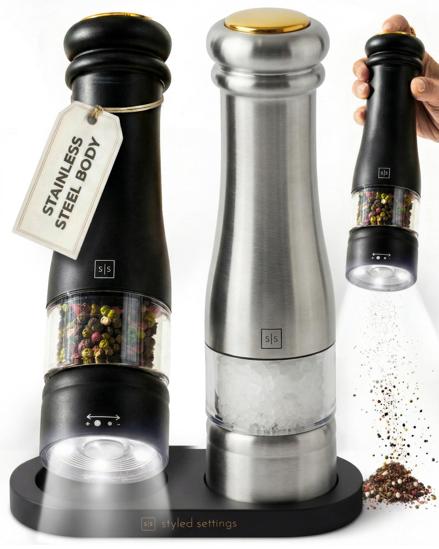Electric Salt and Pepper Grinder Set - Styled Settings Electric Salt and Pepper Shakers, Automatic Stainless Steel Set with LED Light, Battery Operated, Adjustable Coarseness, Wood Base