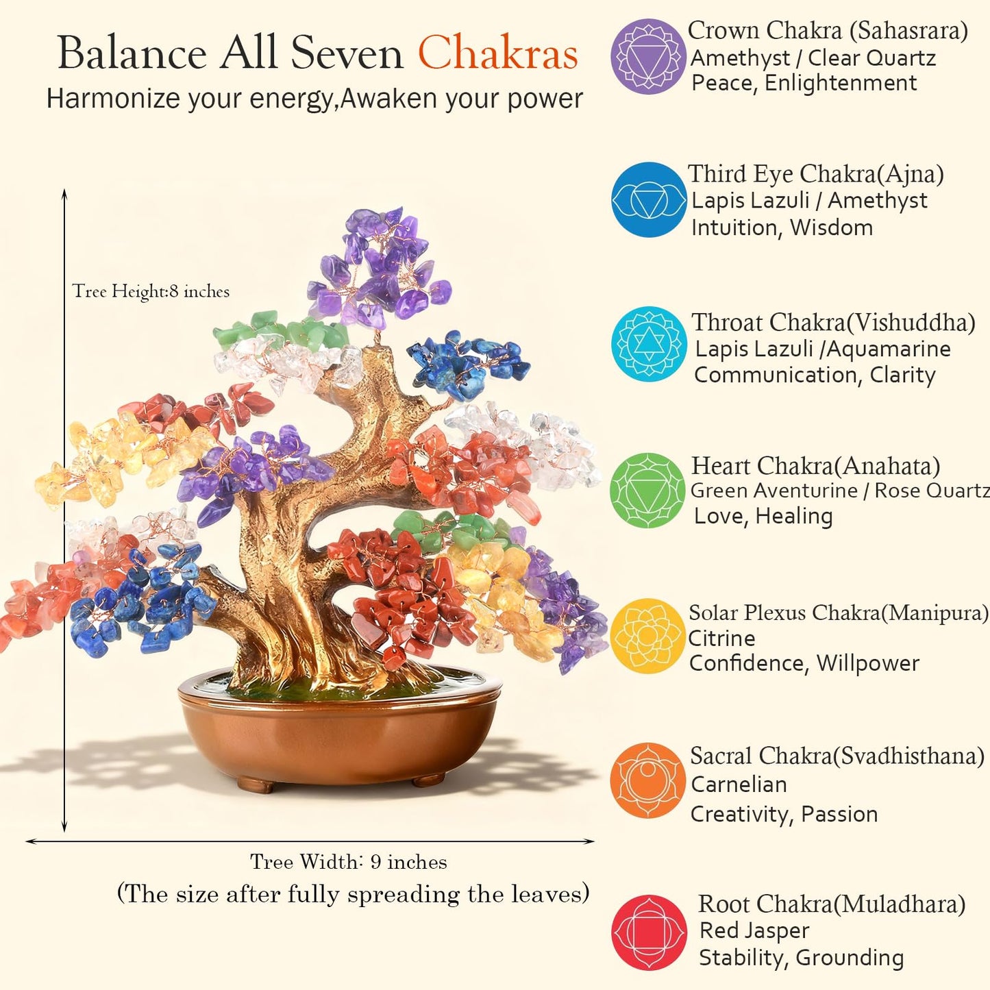 MASGEMES 7 Chakra Crystal Tree of Life Bonsai with Natural Gemstones(360 Large Beads) Chakra Balancing Healing Crystals Feng Shui Money Tree for Positive Energy, Office & Home Decor 8"