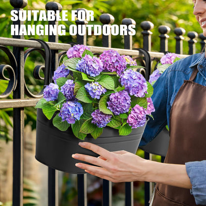 Zishine 15.7 Inch Metal Iron Hanging Flower Pots 3 Pcs Iron Railing Fence Planter with Drainage Holes and Hooks Metal Hanging Bucket Pots for Porch Railing Balcony Fence(Black) (3, Black)
