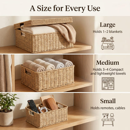 GANLUX Wicker Storage Basket with Lid - Woven Basket for Storage,Rectangular Decorative Boxes Bins with Lids for Shelves,living room, Nursery, 3 baskets+1 lids(Natural)