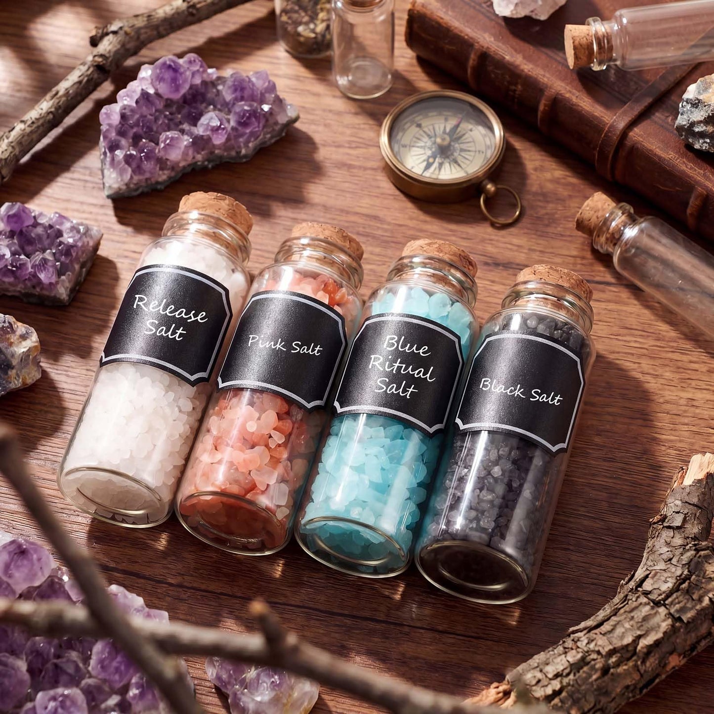 ElaraBerry 6 Pack Ritual Salt Starter Collection Pack with Dispensing Bottles Chalkboard Labels for Ceremony and Spell Handcrafted Negative Energy Rituals Protection Crystals for Witchcraft Supplies