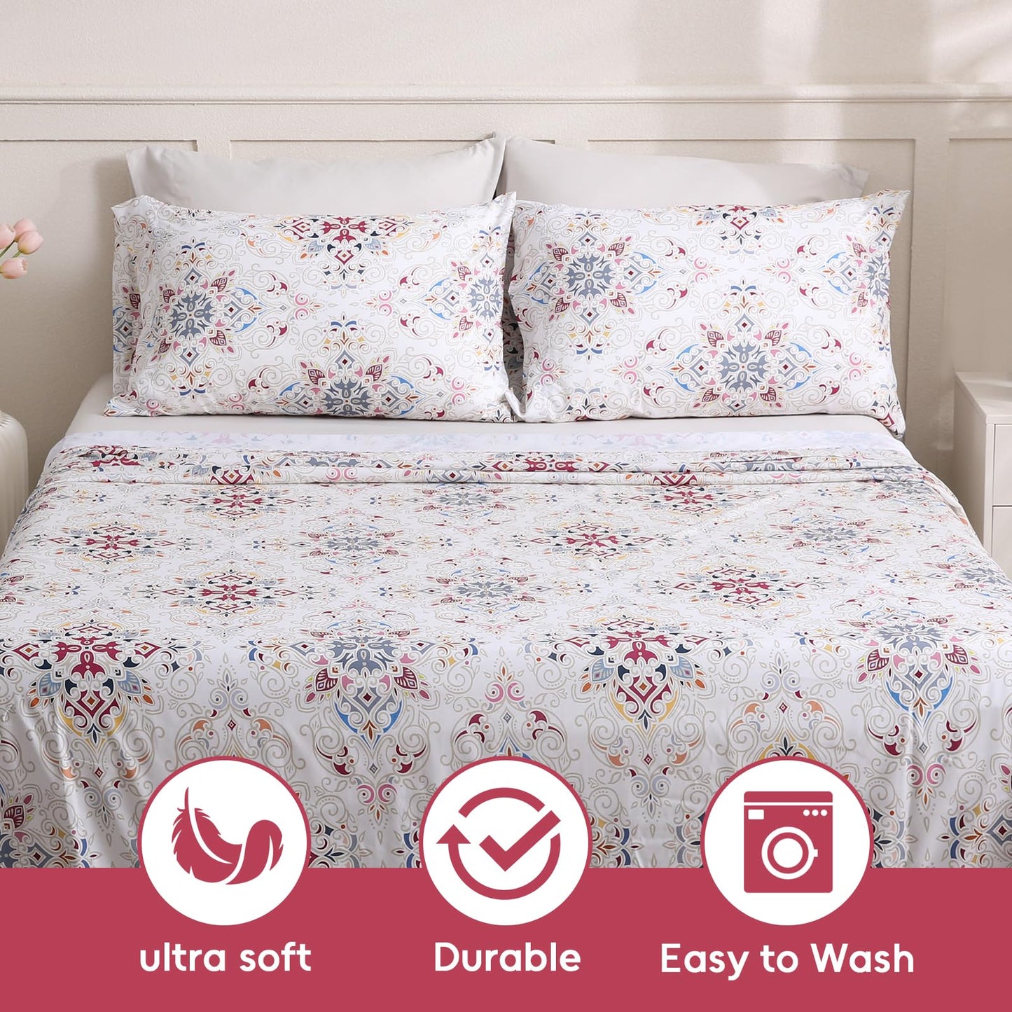LONAVA Boho Queen Size 6 Pcs Sheet Set, Breathable Microfiber Deep Pocket Concrete Fitted Sheets, Comfy & Breathable Patterned Flat Sheets,4 Gentle Soft Pillowcases, Cream Pasliey
