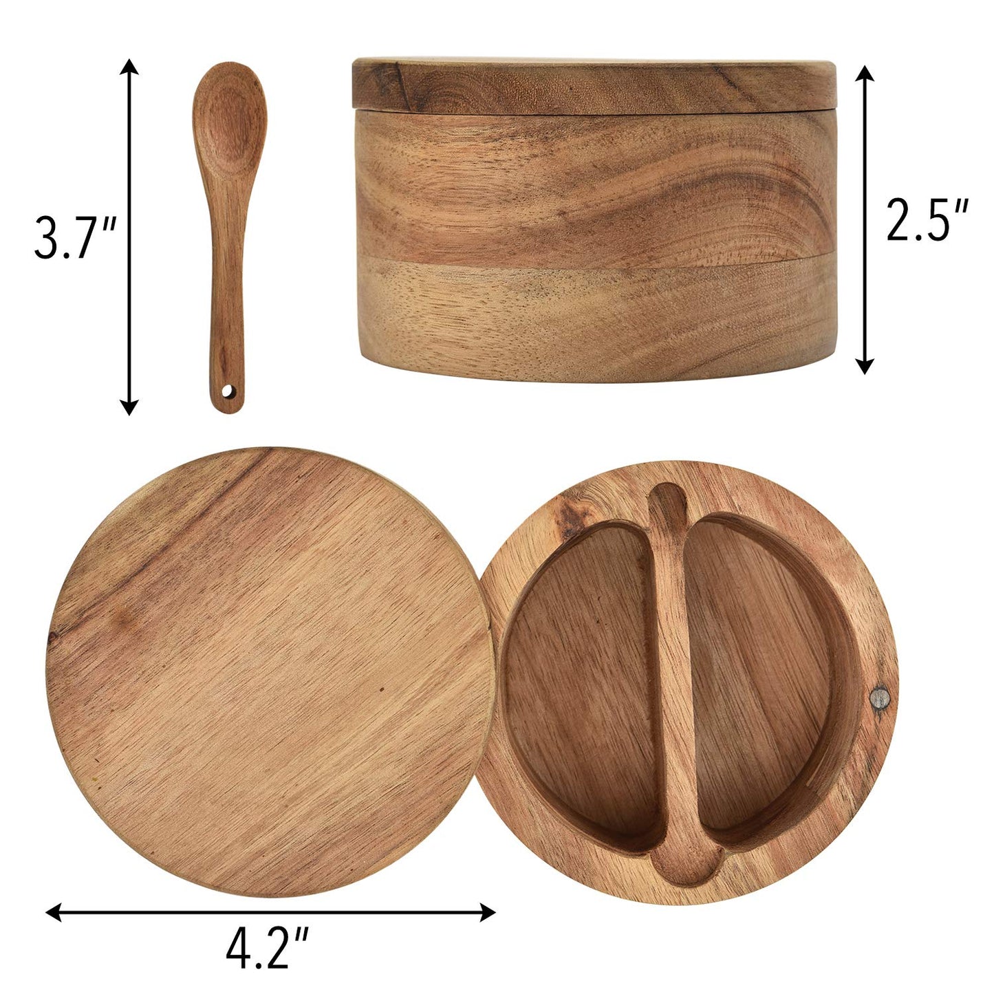 Acacia Wood Salt and Pepper Cellar with Swivel Magnetic Lid Serving Spoon inside 2-Compartment for Storing Salt,Herbs,Spices