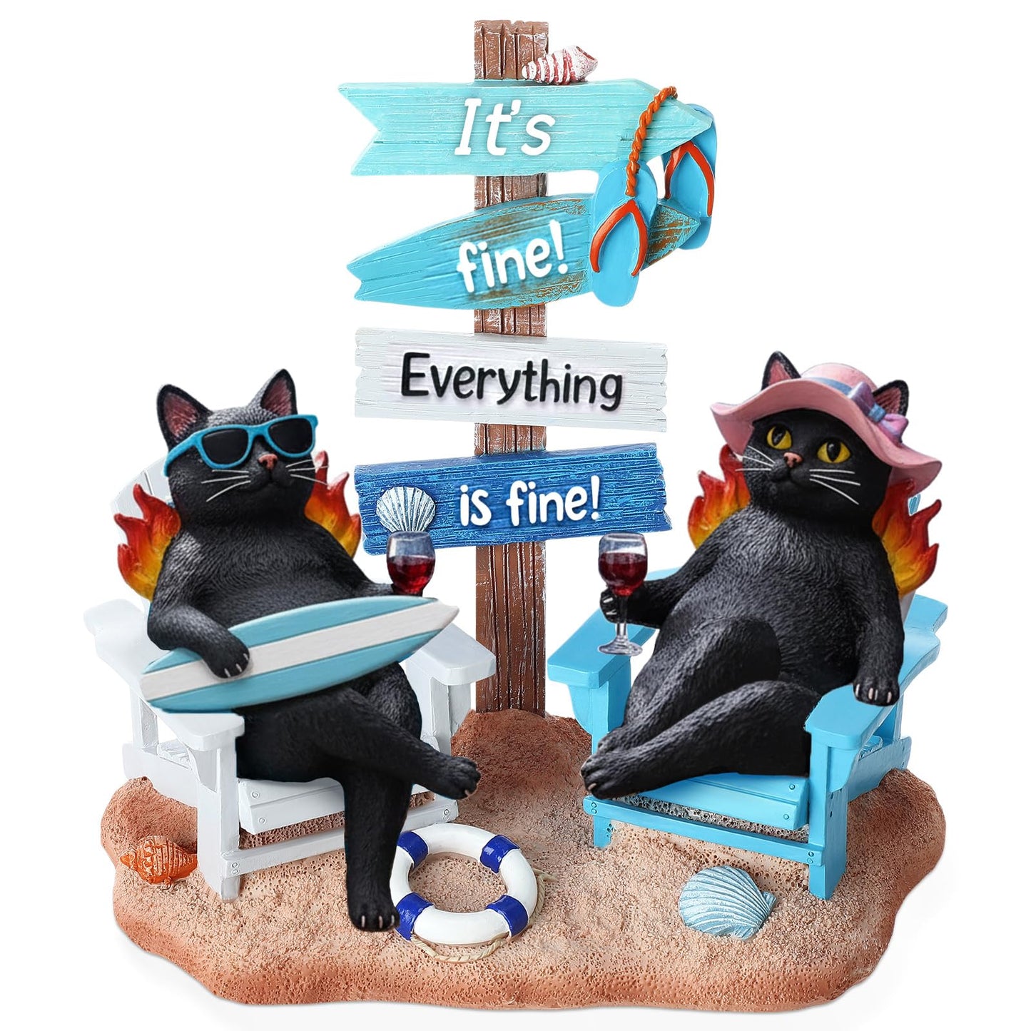 Wonderjune Beach House Decor Coastal Chair Resin with Animal Figurine Signs Ornament for Summer Beach Tropical Table Mantle Tabletop Decoration or Housewarming Birthday Gift 7x7 Inch(Cats)