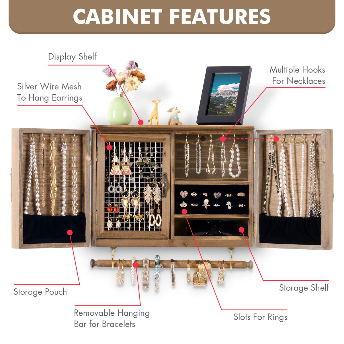ikkle Wooden Jewelry Organizer Wall Mounted, Hanging Jewelry Holder with Removable Bracelet Rod and Hooks for Necklaces Earrings Bracelets Rings, Brown