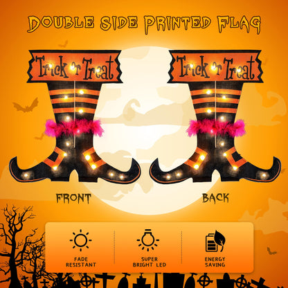 Qunlight Halloween Trick Or Treat Graden Flag lights without flag pole, Double Sided Witch Feet Flag Banner 17.1*17.2Inch ,16 Warm White LED with 8modes Solar Panel, Decorations for Outdoor,Yard ,Home