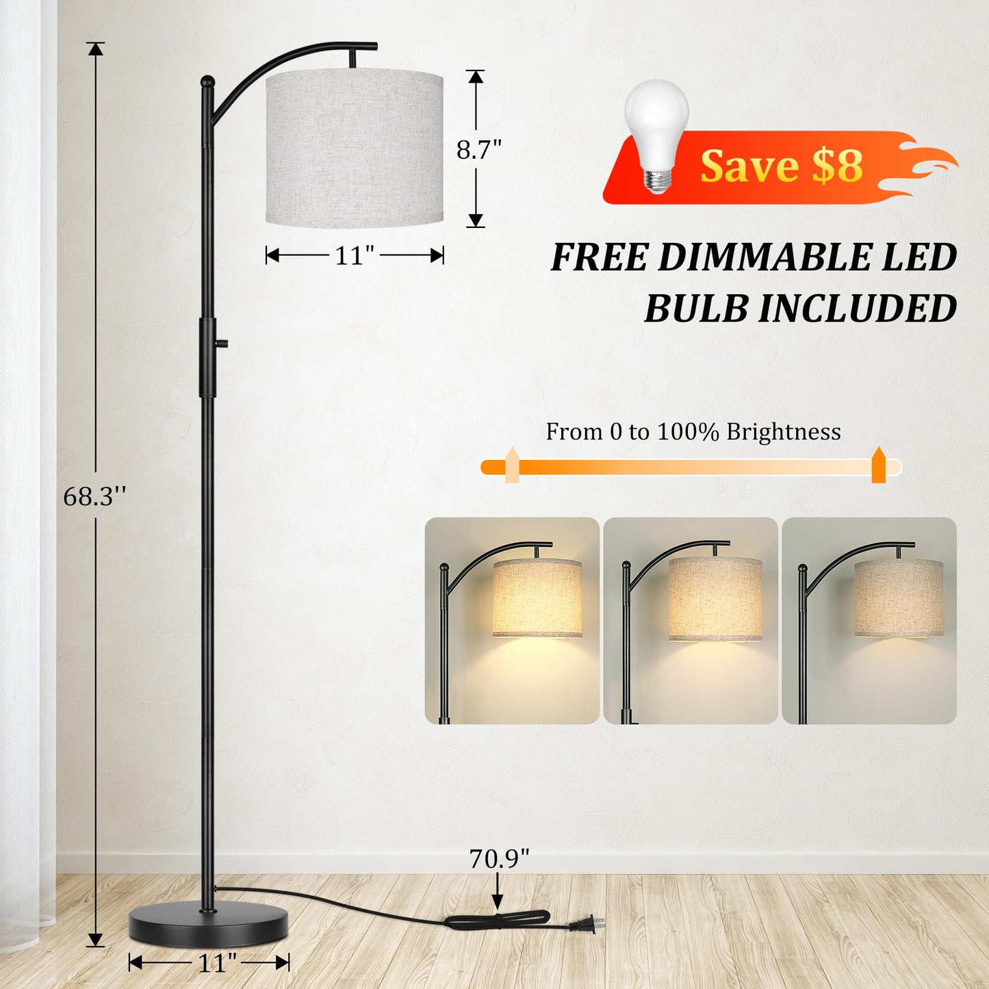 ROTTOGOON Dimmable Floor Lamp, Arc Floor Lamps for Living Room, Stepless Dimming Modern Standing Lamp with Linen Shade, Tall Lamp for Bedroom Office Dining Room- Black
