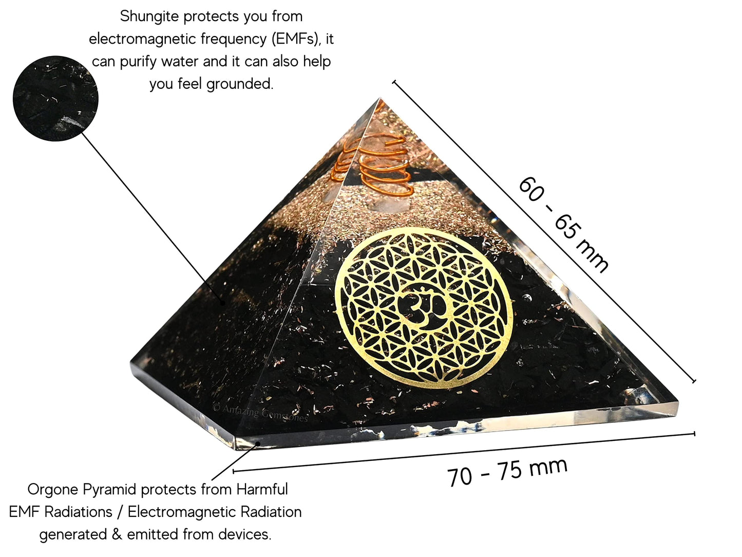 Amazing Gemstone Large Shungite Orgone Pyramid Crystal - OM with Flower of Life Orgonite Pyramid - Positive Energy Healing