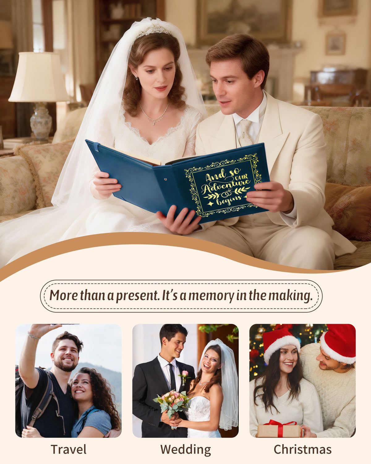 4x6 Wedding Photo Album Holds 100 Photos & 20 Acid-Free Writing Sheets, Leather Scrapbook And So Our Adventure Begins, Romantic Memory Book for Couples, Bride & Groom Wedding Gift (Blue)