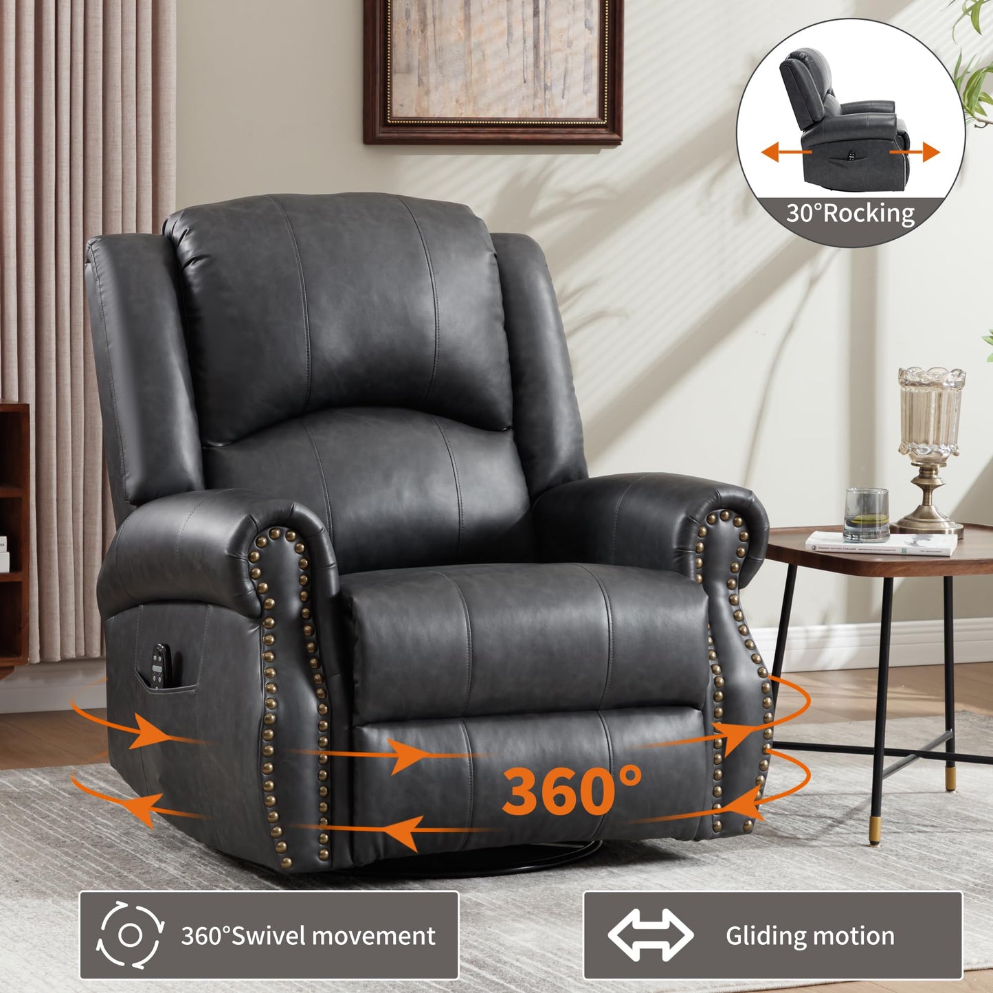 GDFStudio Heat Massage Swivel Rocker Recliner Chair, Manual Fabric Recliner with 360° Swivel, Rocking Function, Lumbar Heat and 8-Point Massage, Overstuffed Living Room Reclining Chair, Grey