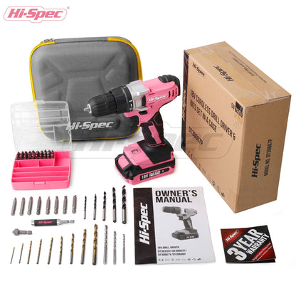 Hi-Spec 58pc 18V Pink Womens Electric Cordless Power Ladies Drill Driver Set with Rechargeable Battery, Power Screwdriver Bits, Wood and Metal Drill Bits. All in a Compact Case