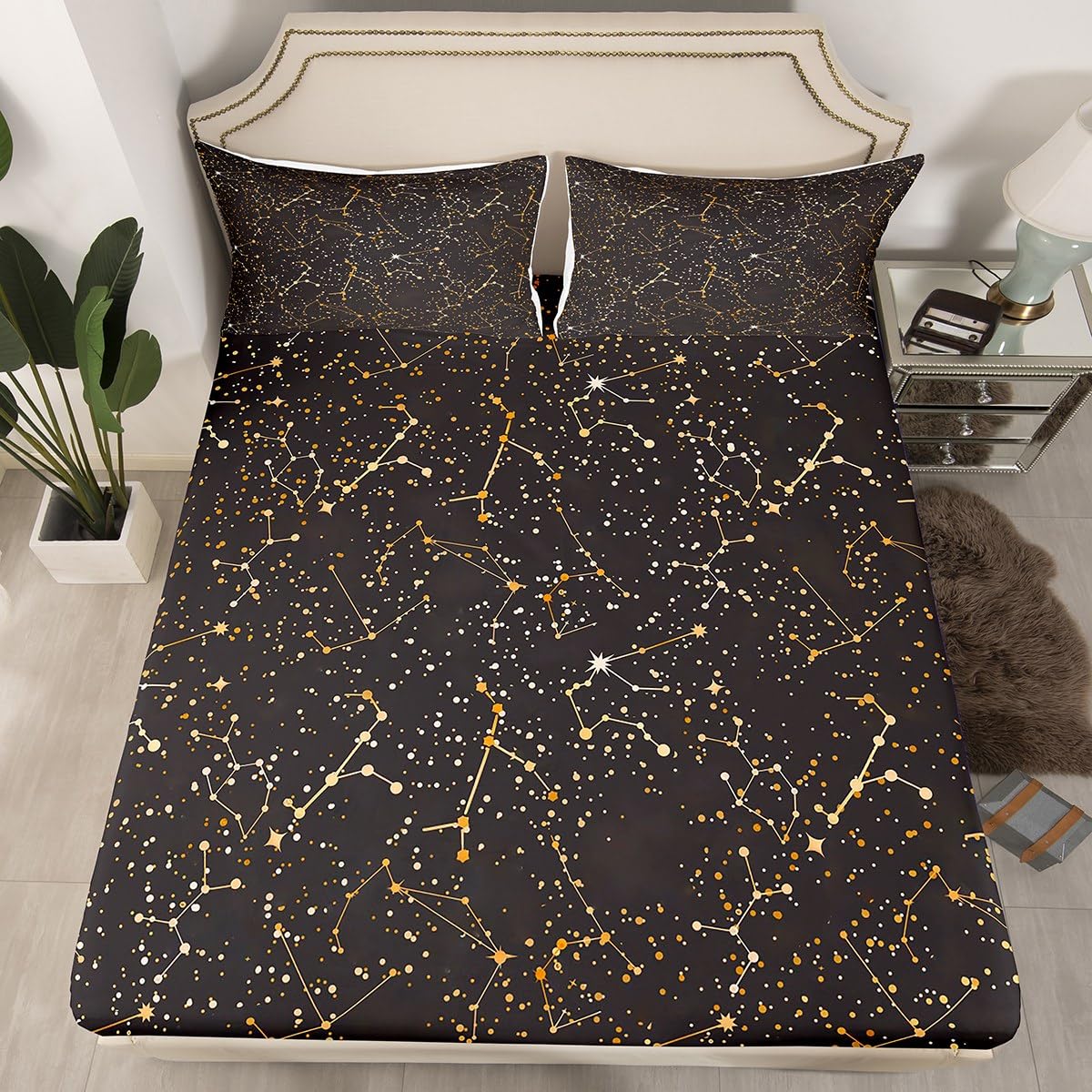 Constellation Theme Fitted Sheet Queen Size Black and Gold Bedding Set Starry Sky Galaxy Sheet Set,Stars and Moon Bed Cover Ultra Soft Breathable Bedspread 3 Pcs for Kids Teens Boys No Flat Sheet