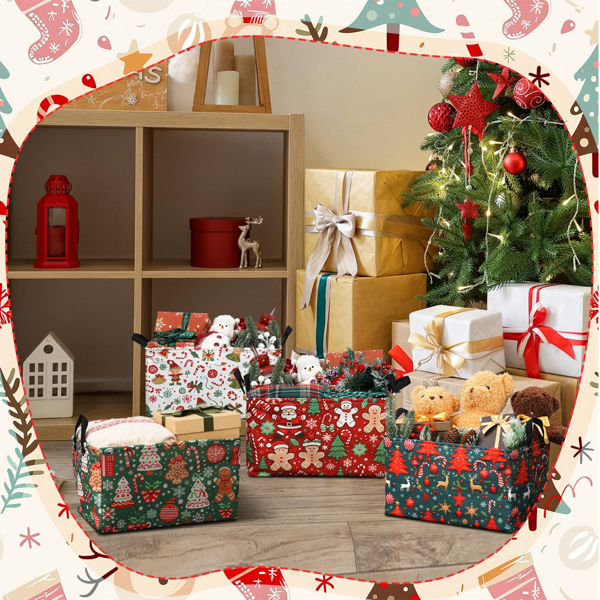 Bulyoou 4pcs Christmas Storage Basket Fabric Laundry Baskets with Handle Xmas Foldable Organizer Boxes for Office Home Baby Cloth Toy Book 15 x 10 x 8(Retro)
