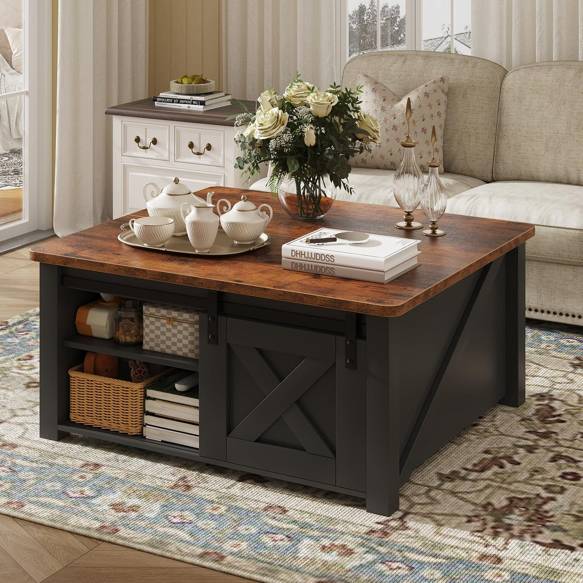 DUMOS Coffee Table, Lift Top Center Table with Storage, Square Living Room Tables with Adjustable Shelves, Modern Wooden Center Coffee Tables with Hidden Storage Compartment for Home, Black