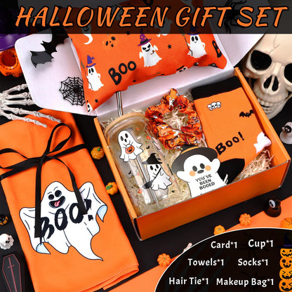 Zenoble Boo Basket Stuffers for Women, 6 Pcs Halloween Gifts Set Cute Boo Basket with Halloween Cup Socks Towel Bag for Teens Girls Mom Friend Sister Wife