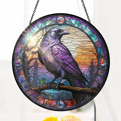 FLAGWIX Raven Stained Glass Window Hanging 8 in - Crow Gifts Decorations - Black Crow Sun Catchers Indoor Window for Gothic Home Decor, The Raven Gifts for Women Men Friends Family