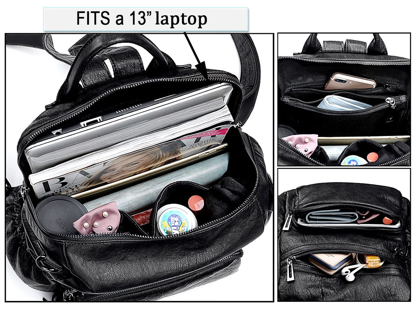 UTO Laptop Backpack Womens Teenage Girls School Bag Ladies Travel Rucksack Multi Compartments Anti Theft Pocket PU Leather Black