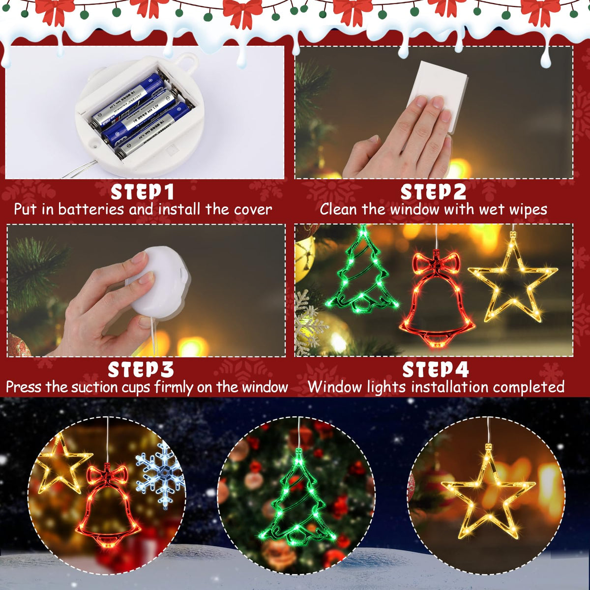 Waipfaru 4 PCS Christmas Window Lights with Timer Function, Christmas Window Decorations Jingle Bell Snowflake Christmas Tree Star Lights with Suction Cup for Decorations Indoor Outdoor