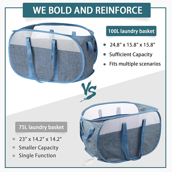 100L Collapsible Laundry Baskets, Tear Proof Pop Up Laundry Hamper
