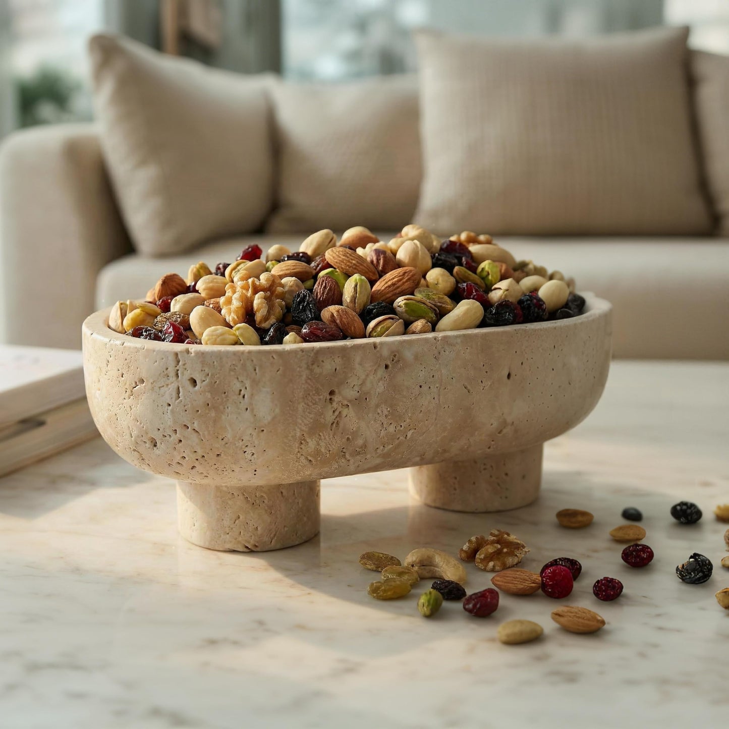 STONE COUTURE - Natural Travertine Fruit Bowl with Stand, Island Centerpiece Kitchen Decor, Key Bowl for Entryway Table, Decorative Modern Organic Home Entry Large Bowls for Keys 10" Food Safe FDA