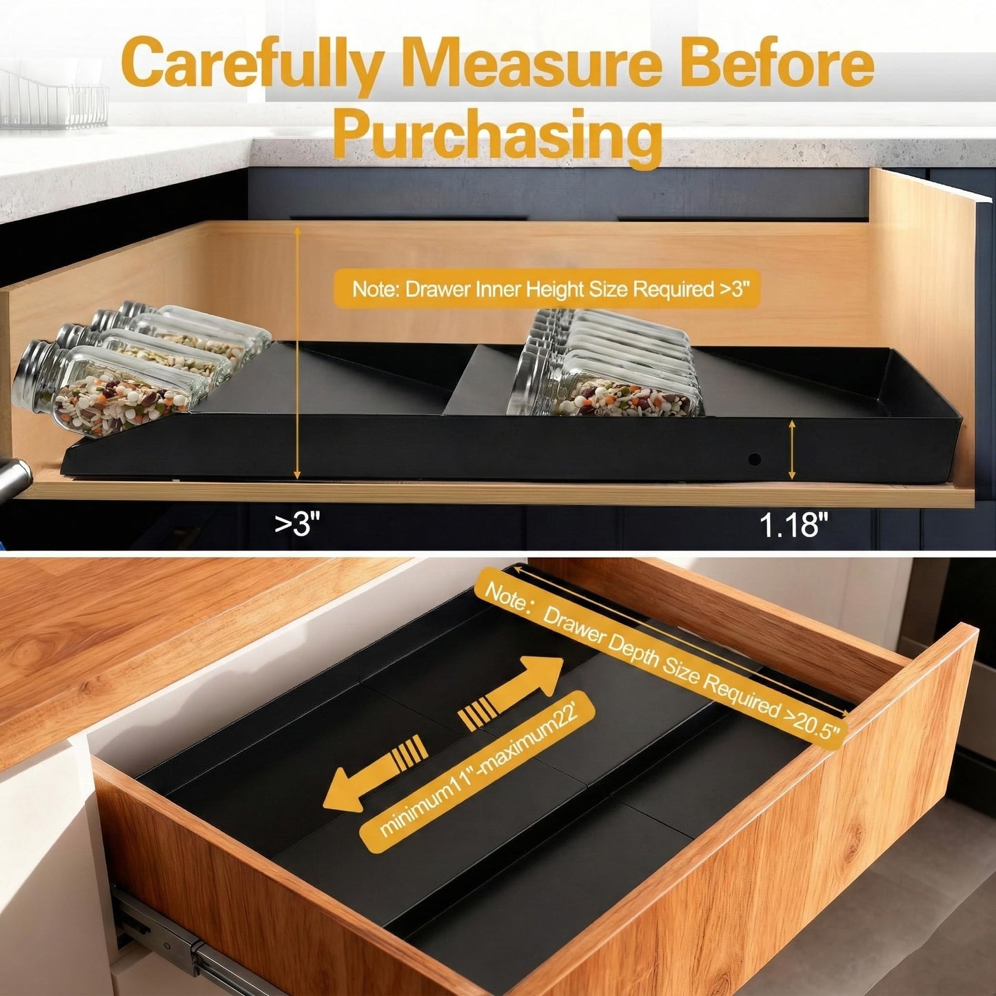 GOENDR Metal Spice Drawer Organizer, 4-Tier Spice Rack for Drawer, Expandable Seasoning Organizer Fits 11.4-22.8” Wide Drawer, Holds up to 48 Spice Jars (Not Included), Black