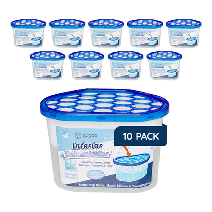 CUQOO Disposable Dehumidifier for Home 500ml, Pack of 10 Moisture Absorber Dehumidifiers for Damp, Mould, Kitchen, Wardrobe, Bedroom, Caravan, Office, Garage, Bathroom - Mini Condensation Absorbers