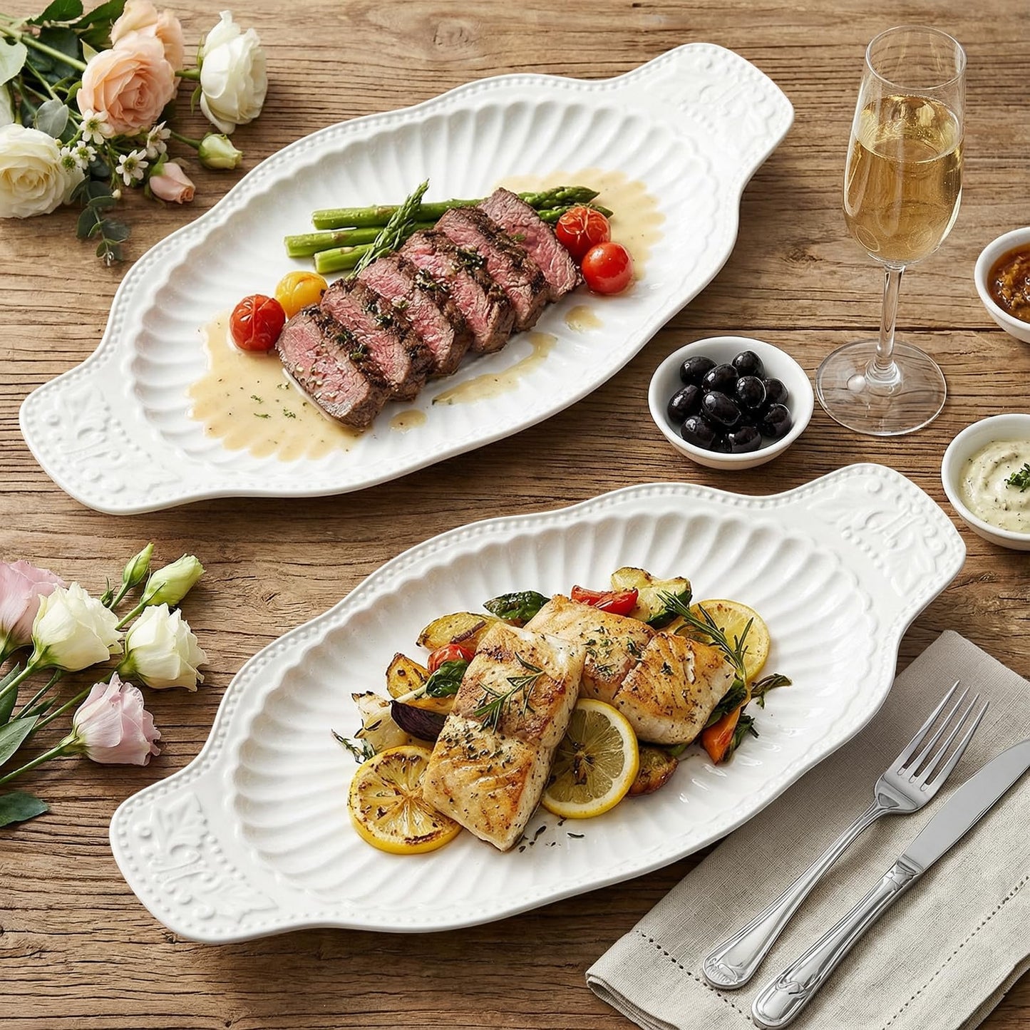 Suwimut 2 Pack Porcelain Oval Serving Platters, 14 Inch Large Embossed White Serving Plates for Entertaining, Oven Safe Stackable Ceramic Dinner Tray for Fish, Meat, Appetizers, Fruits, Dessert